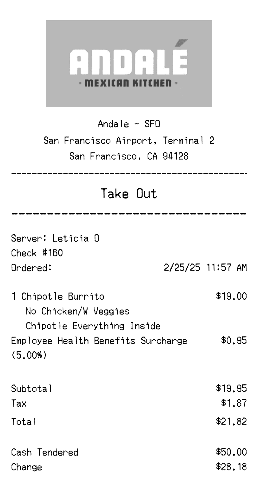 Andale Mexican Kitchen Receipt