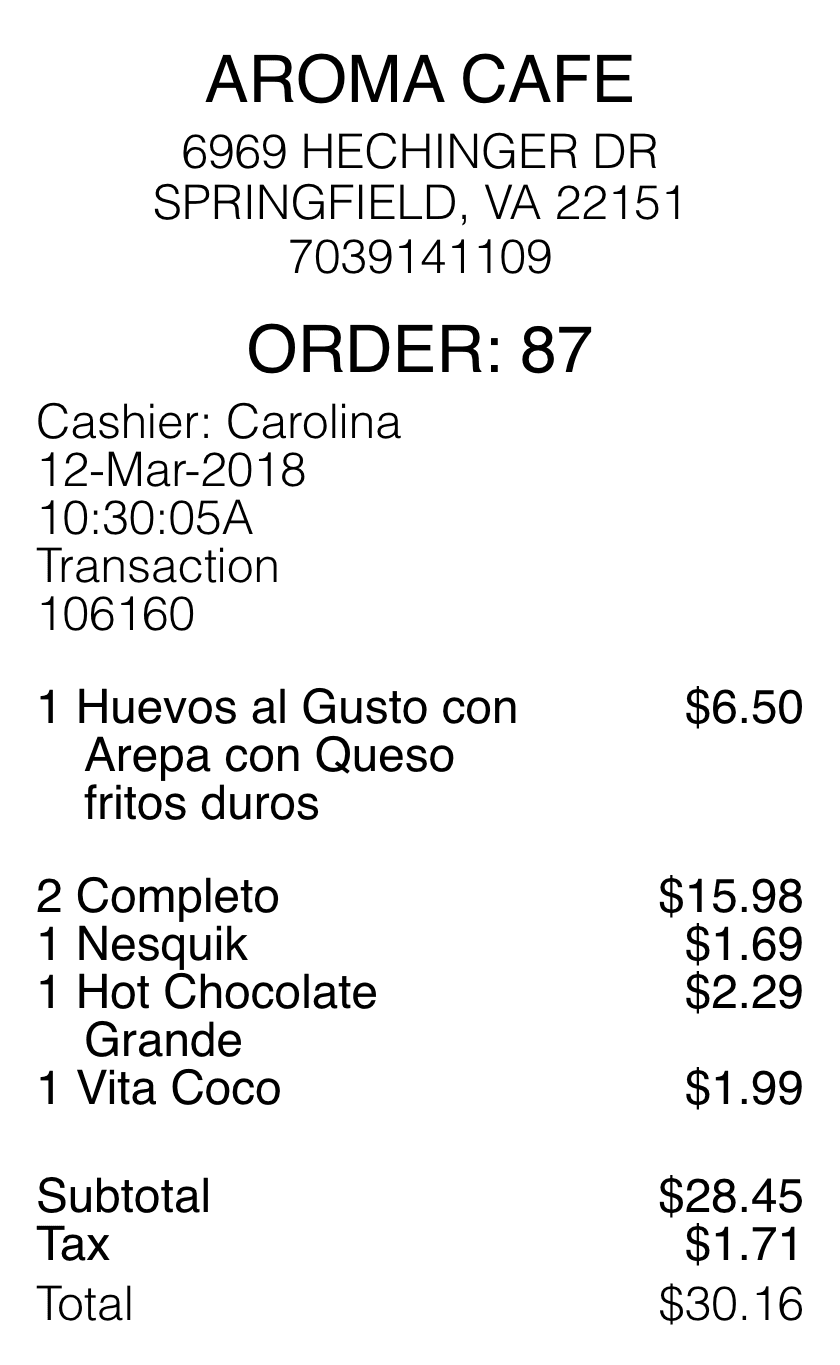 Aroma Cafe Receipt