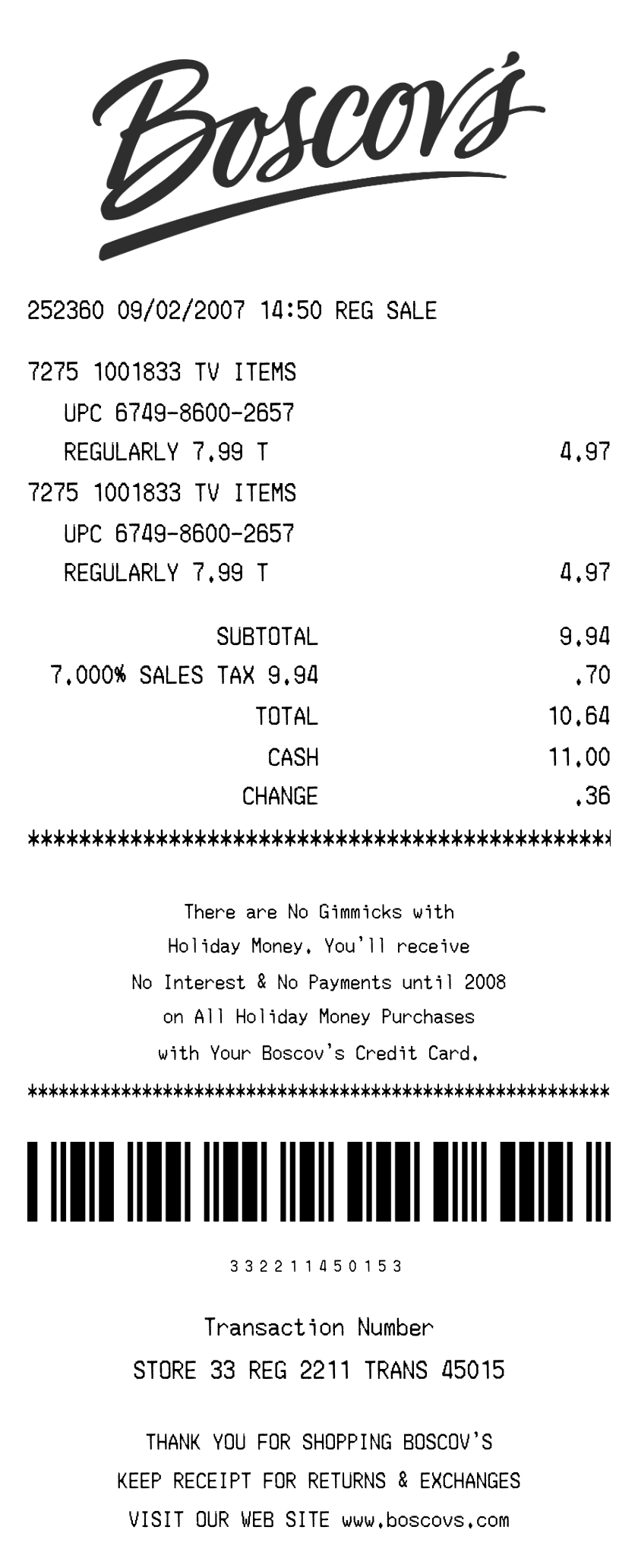 Boscov's Receipt