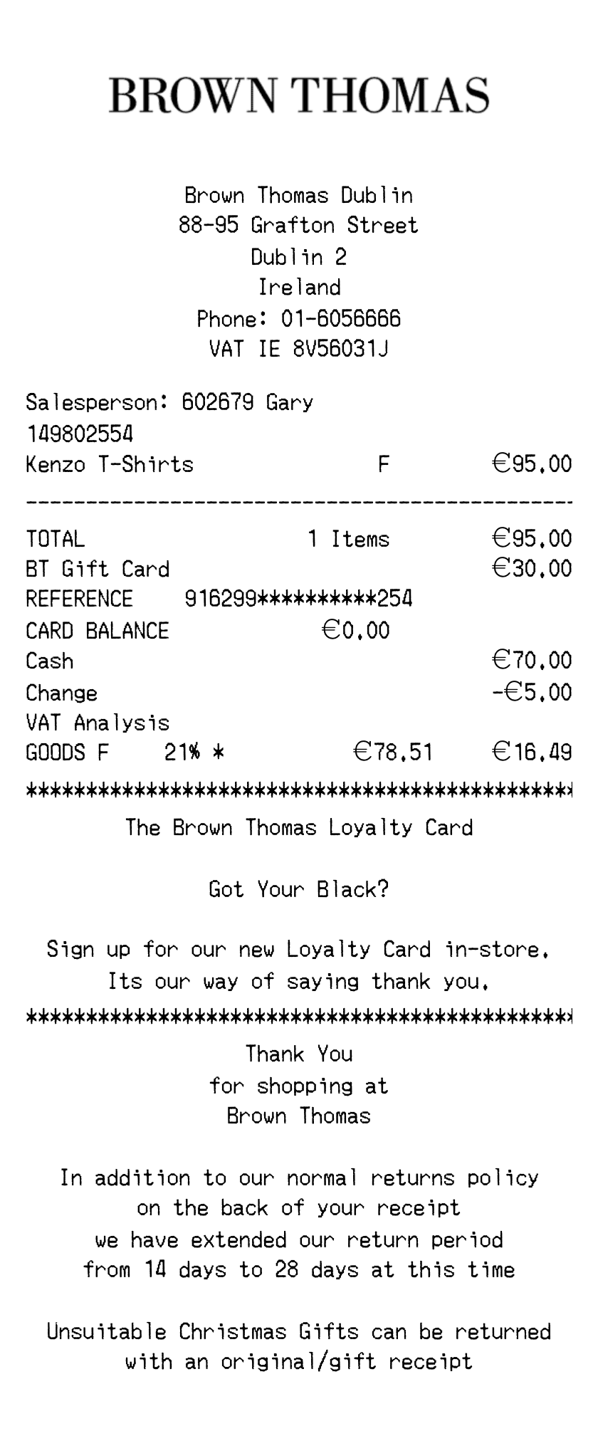 Brown Thomas Receipt