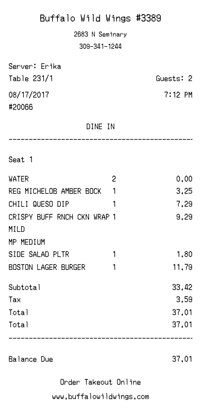 Buffalo Wild Wings Receipt