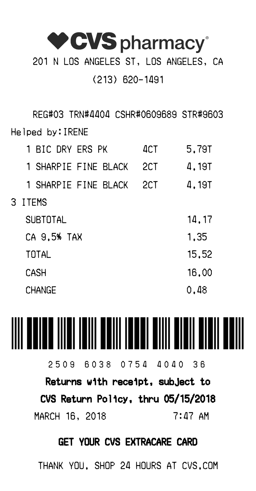 CVS Pharmacy Receipt