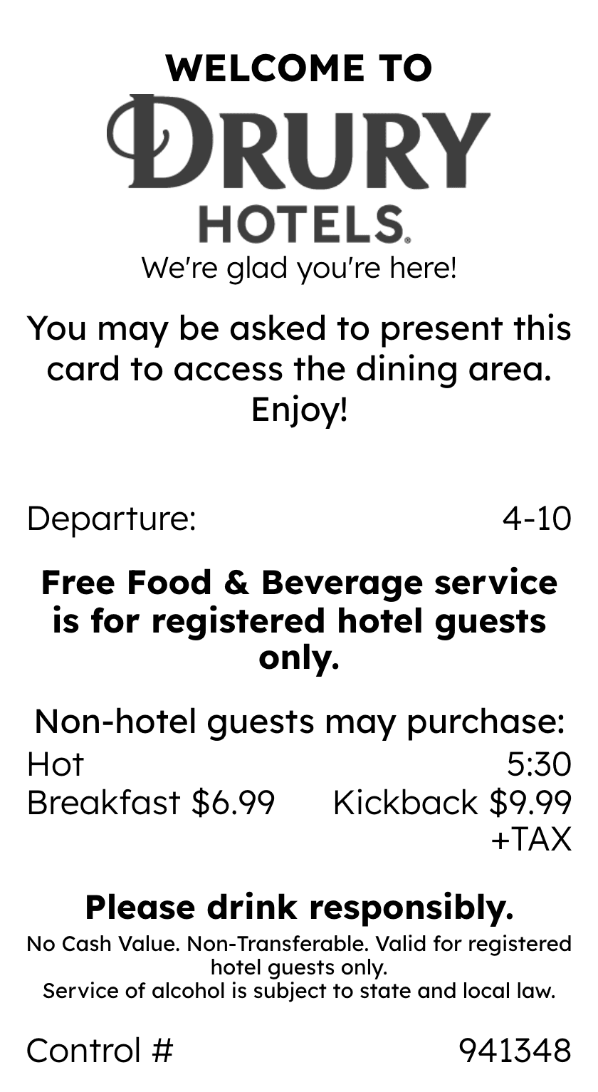 Drury Hotel Receipt