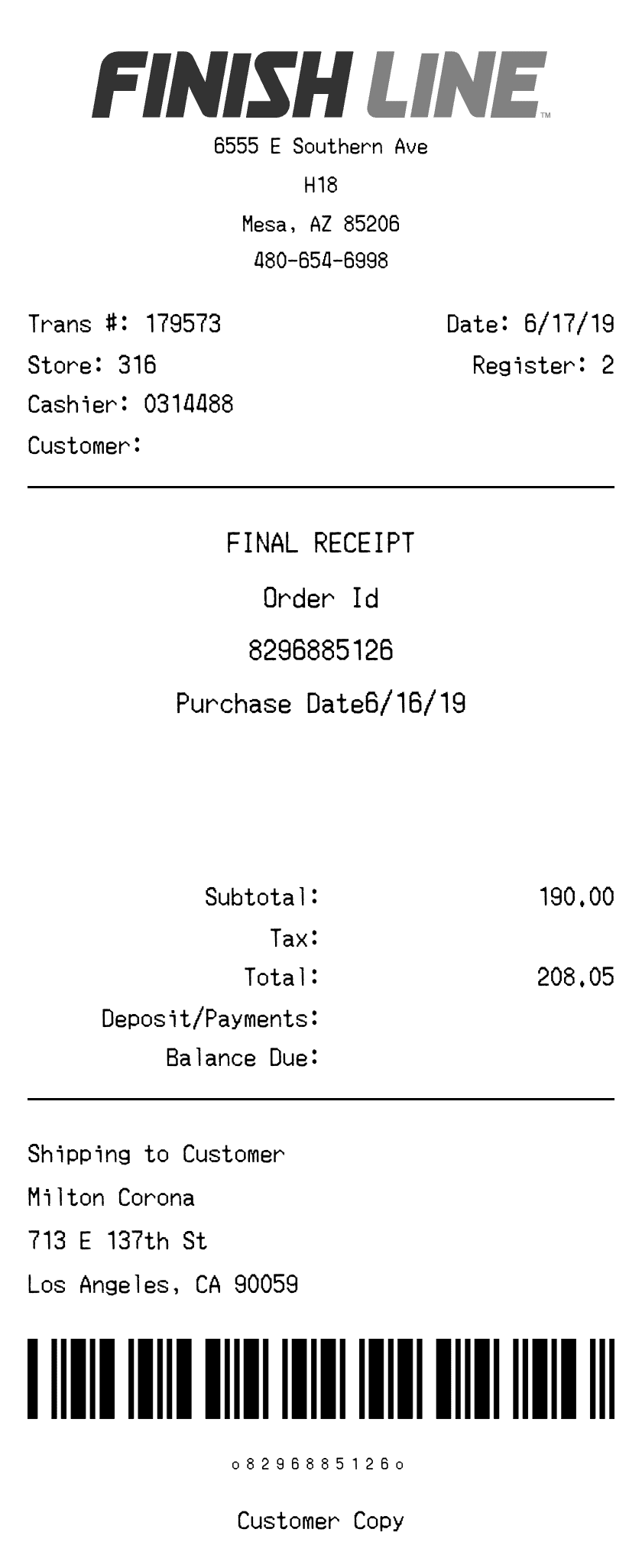 Finish Line Receipt