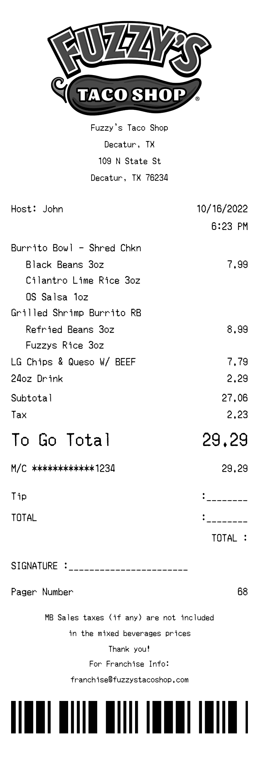 Fuzzy's Taco Shop Receipt