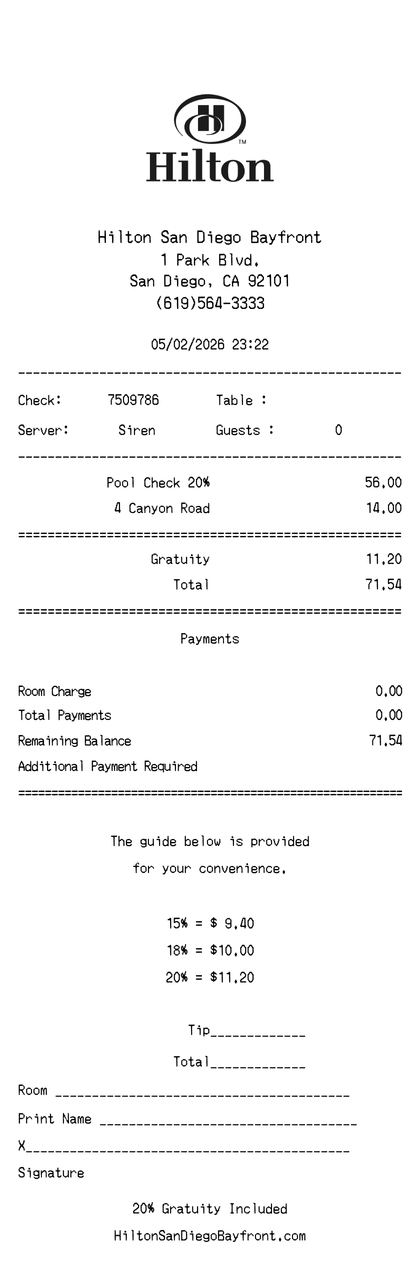 Hilton Hotel Receipt