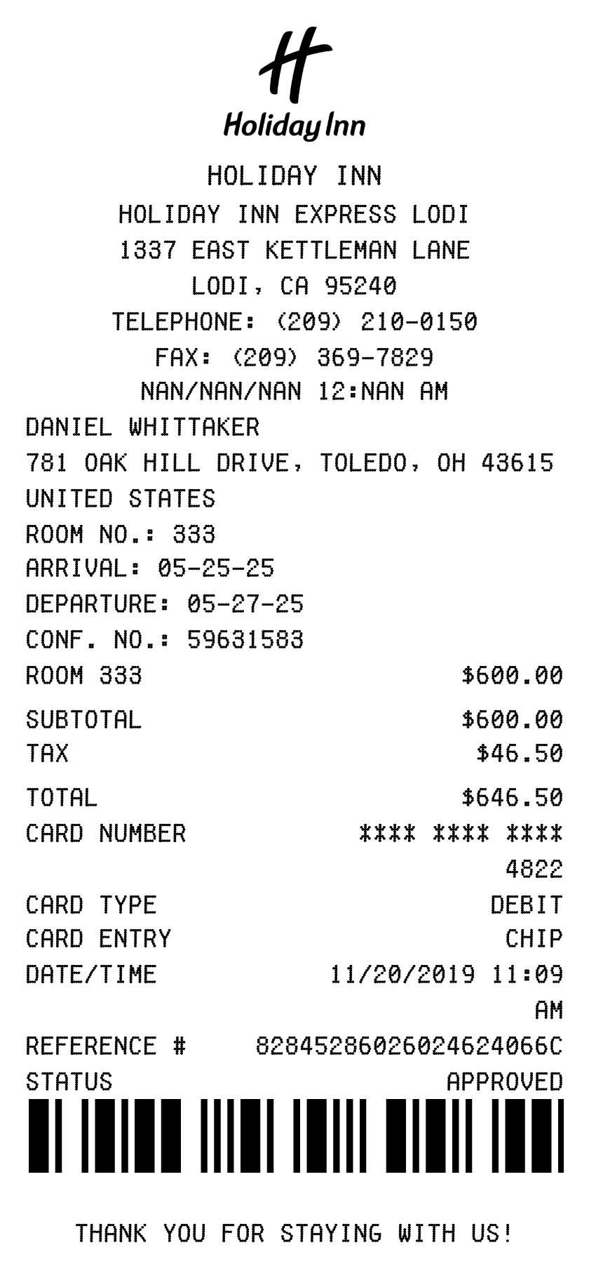 Holiday Inn Receipt