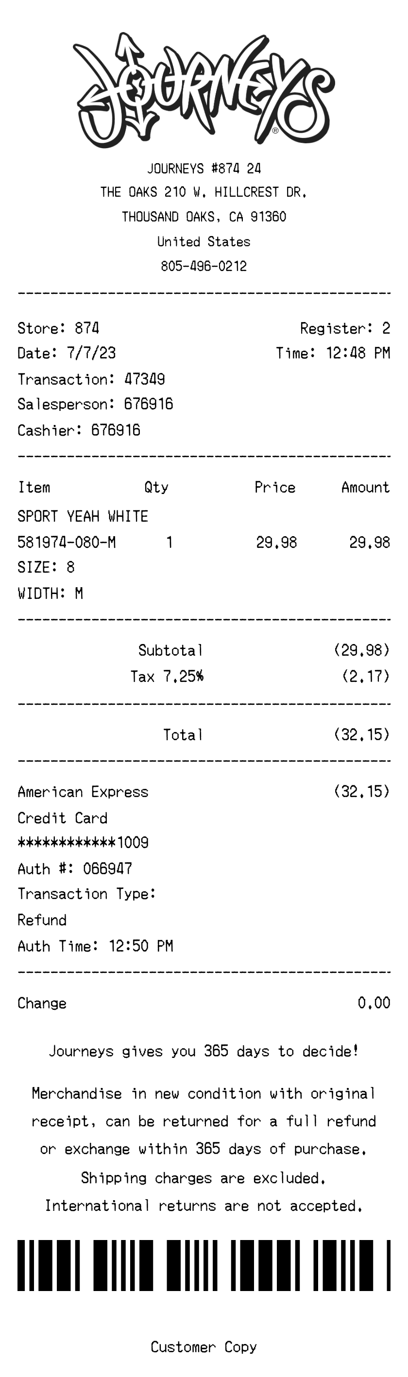 Journeys Receipt