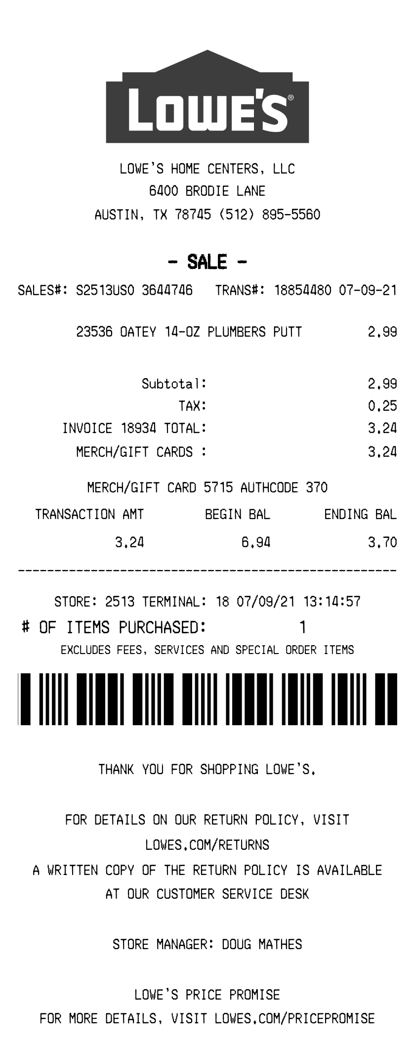 Lowe's Receipt