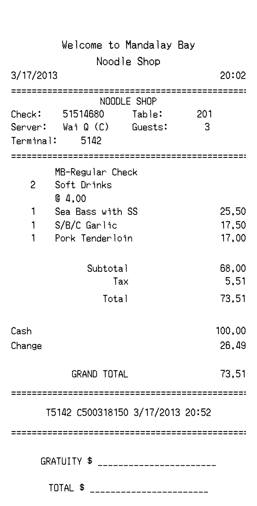 Mandalay Bay Hotel Receipt