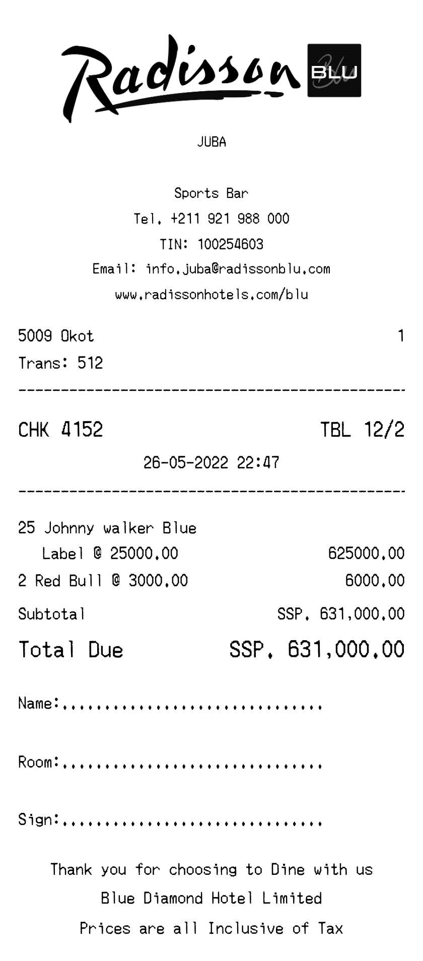 Radisson Hotel Receipt