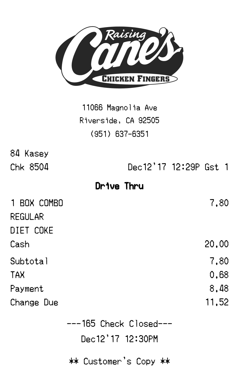 Raising Cane's Receipt