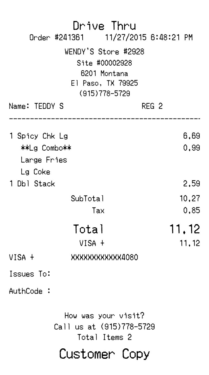Wendy's Receipt