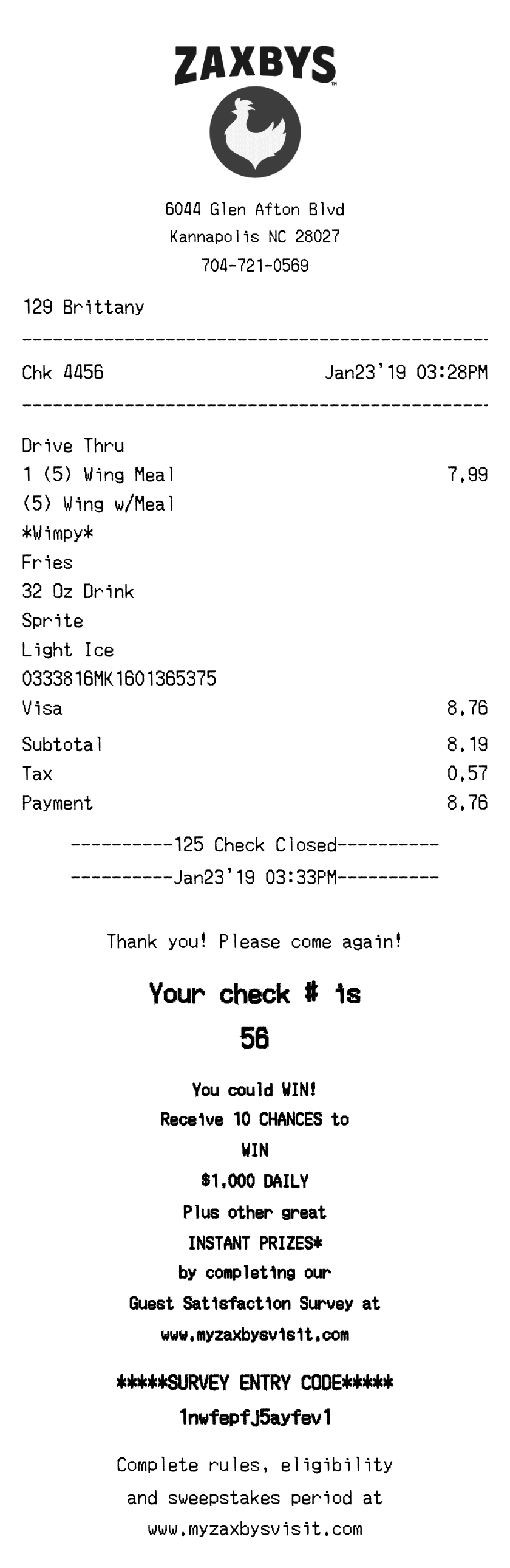 Zaxby's Receipt